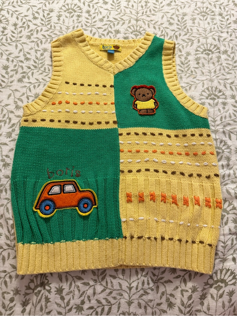 Boris Green, Yellow & Orange Knit Kids Vest with Bear and Car Patches